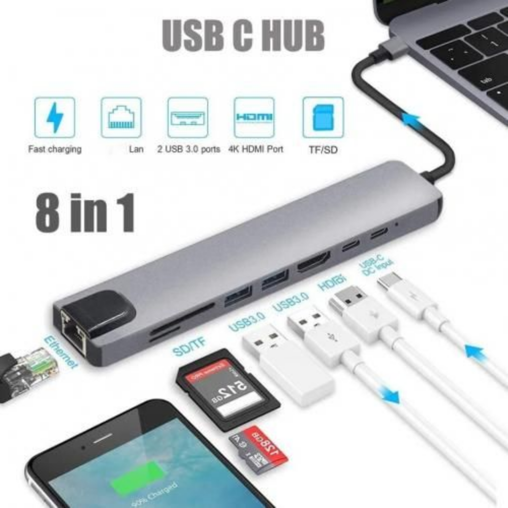 Adaptateur 8en1 Type-C Vers PD HDTV HDMI 4K RJ45 USB 3.0/3.1 Carte SD/TF thumbnail 1