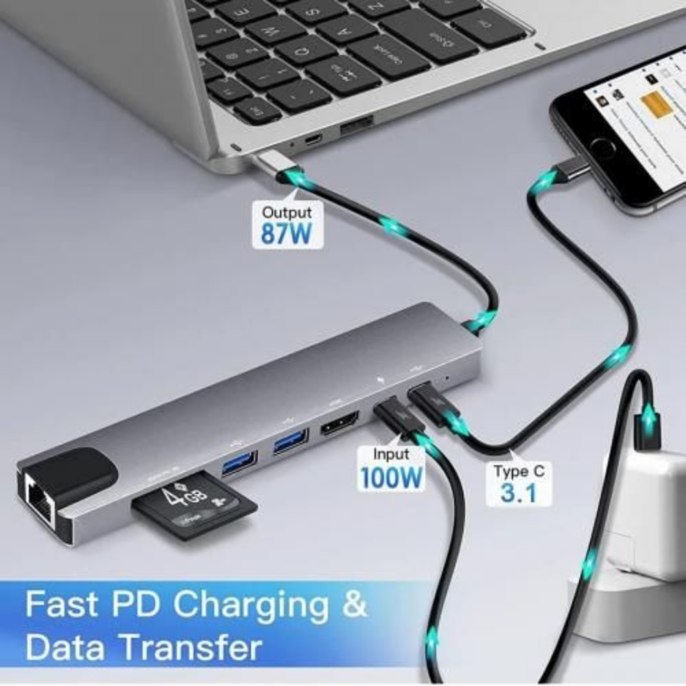 Adaptateur 8en1 Type-C Vers PD HDTV HDMI 4K RJ45 USB 3.0/3.1 Carte SD/TF thumbnail 4