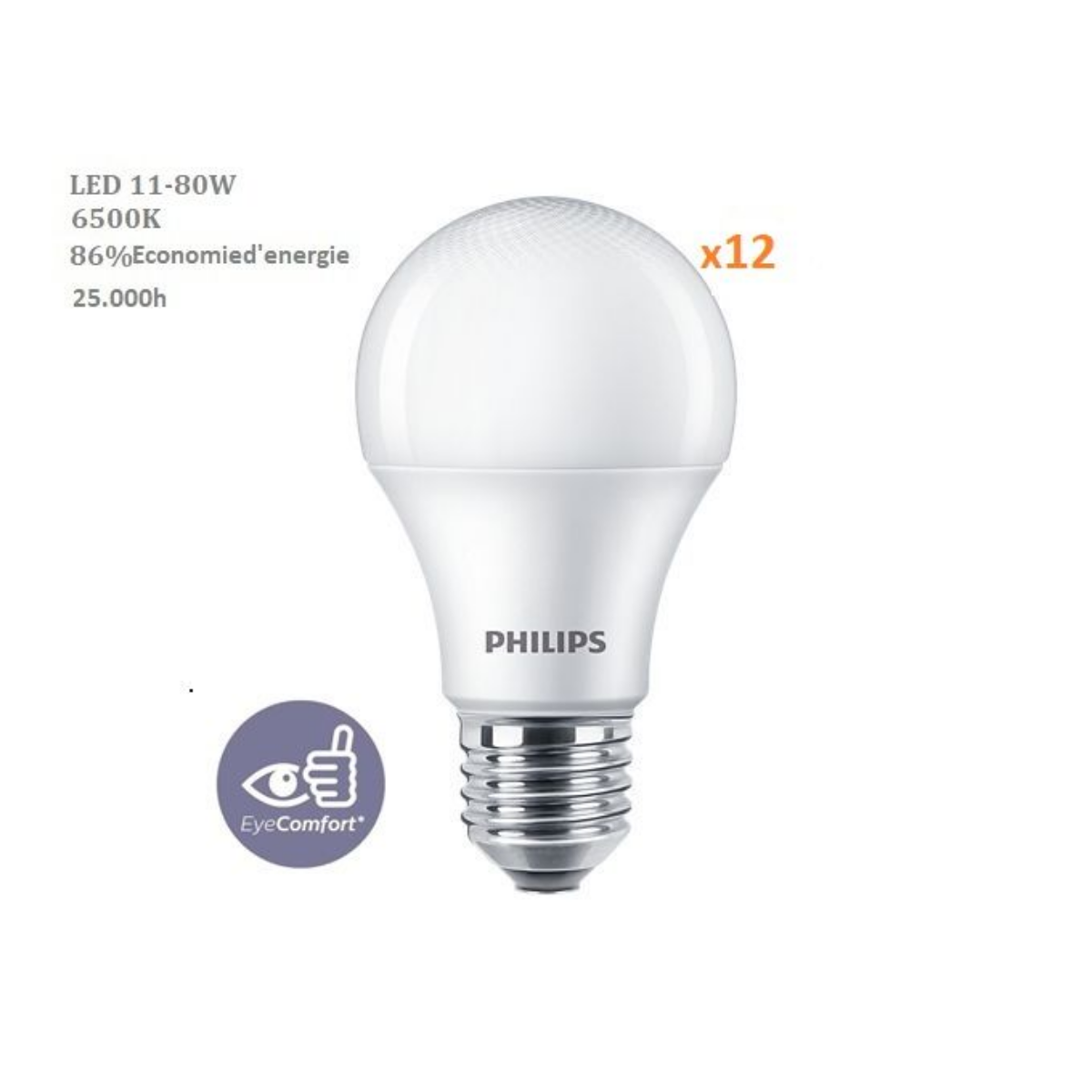Lot de 12 ampoules Philips LEDBulb 11W douile E27 blanc froid 6500k