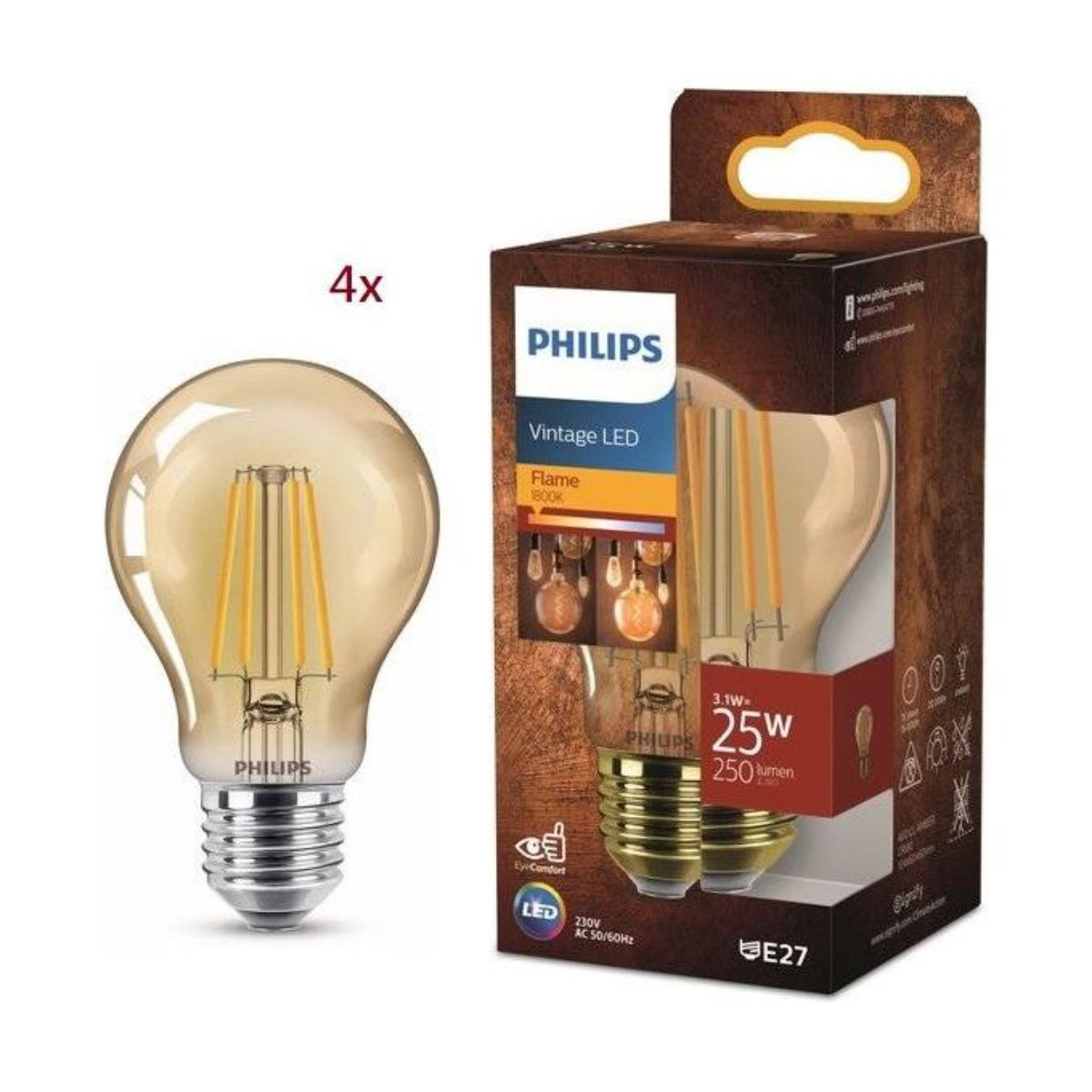 Lot de 4 Ampoules LED Vintage Ambrée 3.1-25W E27 1800K