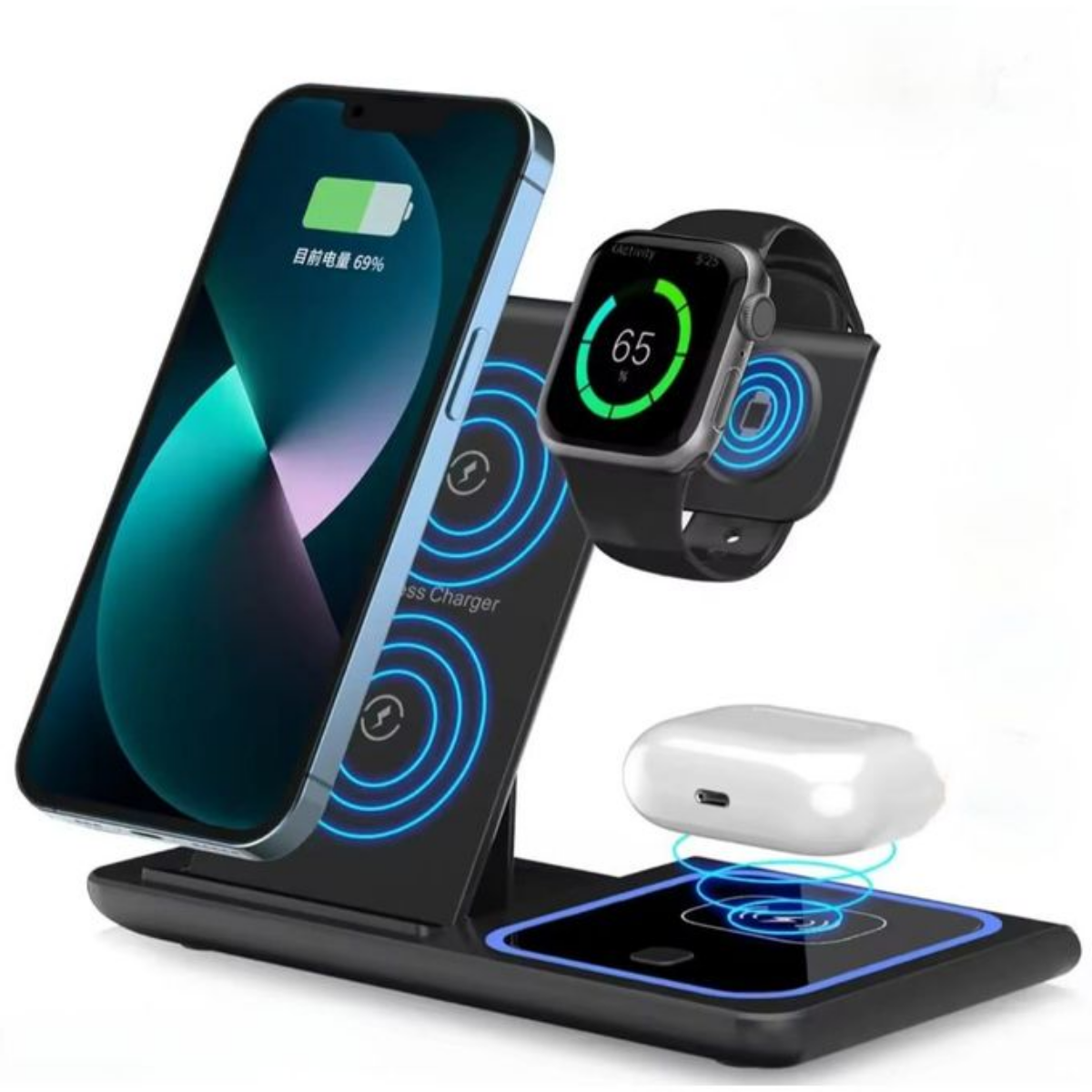 Support de chargeur sans fil pliable 3 en 1, station de charge rapide 15W thumbnail 1