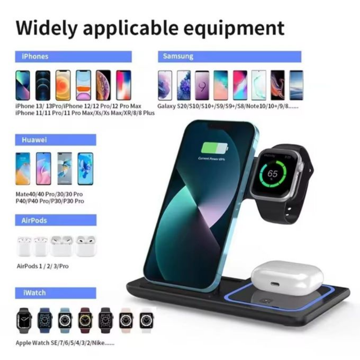 Support de chargeur sans fil pliable 3 en 1, station de charge rapide 15W thumbnail 2