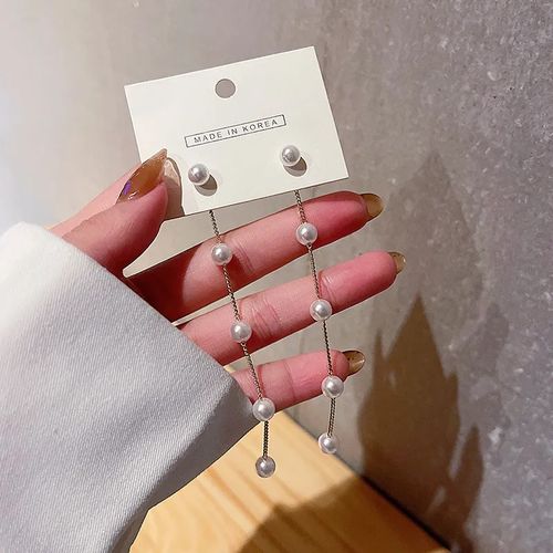 Boucles D'oreilles Longues à Pampilles en Perles