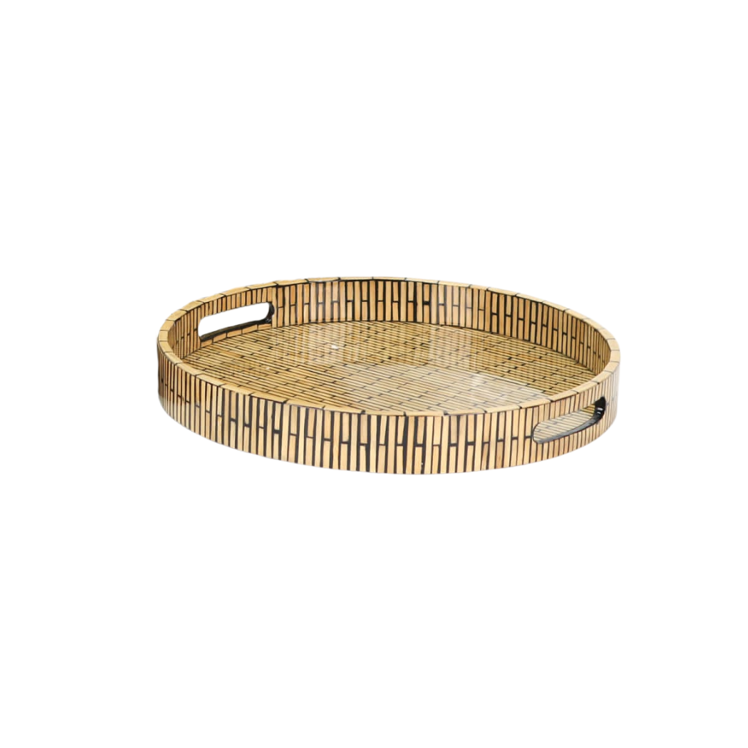 Plateau Rond En Bambou Motif Lignes Noir