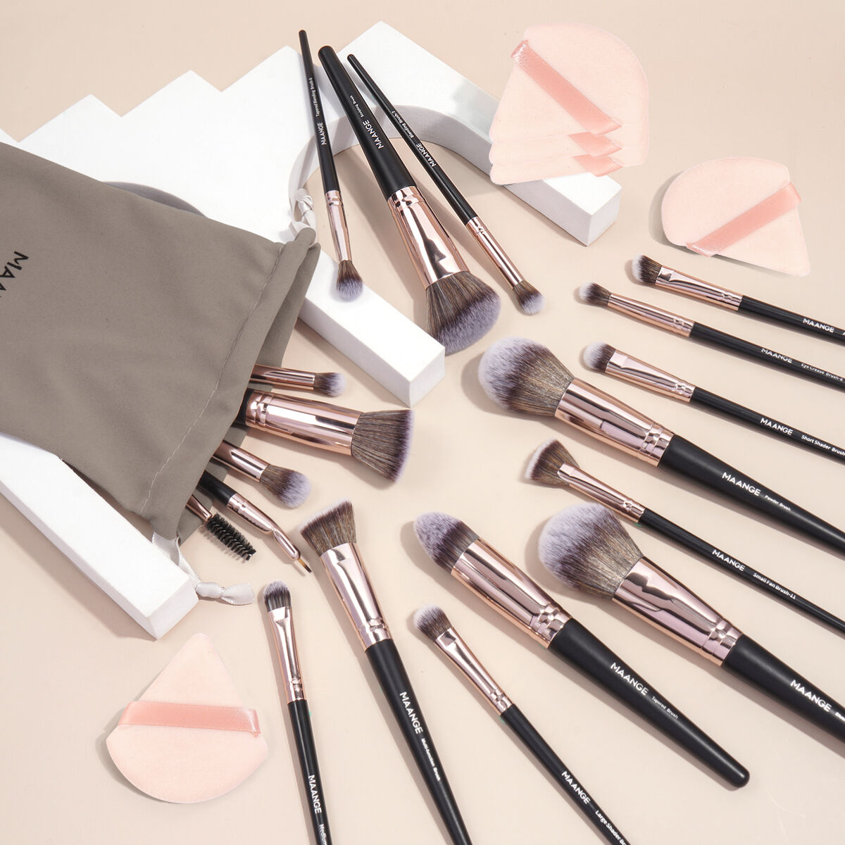 18 Pieces Makeup Brush With 5 Pieces Puff and Bag-Pink Rose Gold