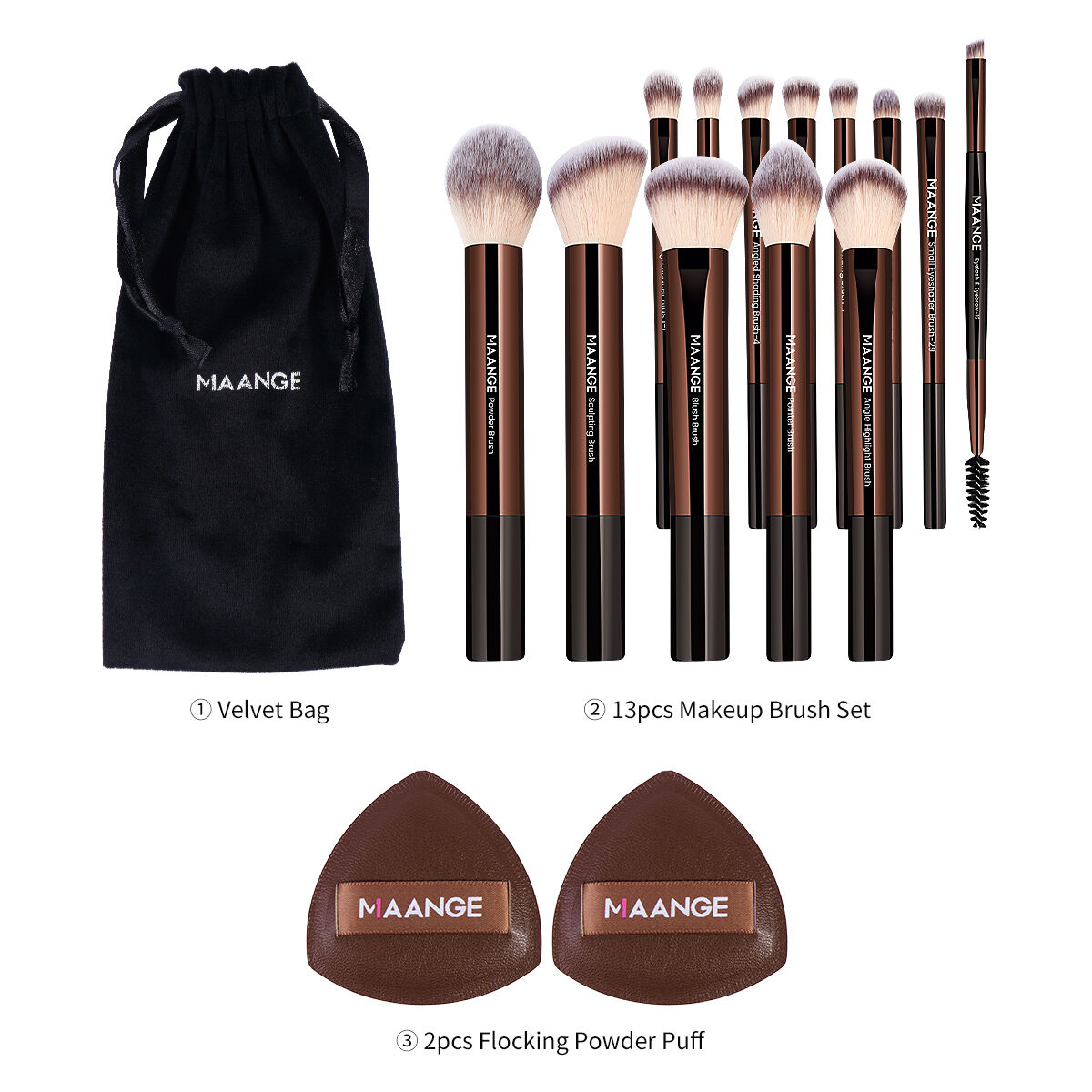13 Pieces Makeup Brush with 2 Pieces Puff and Bag