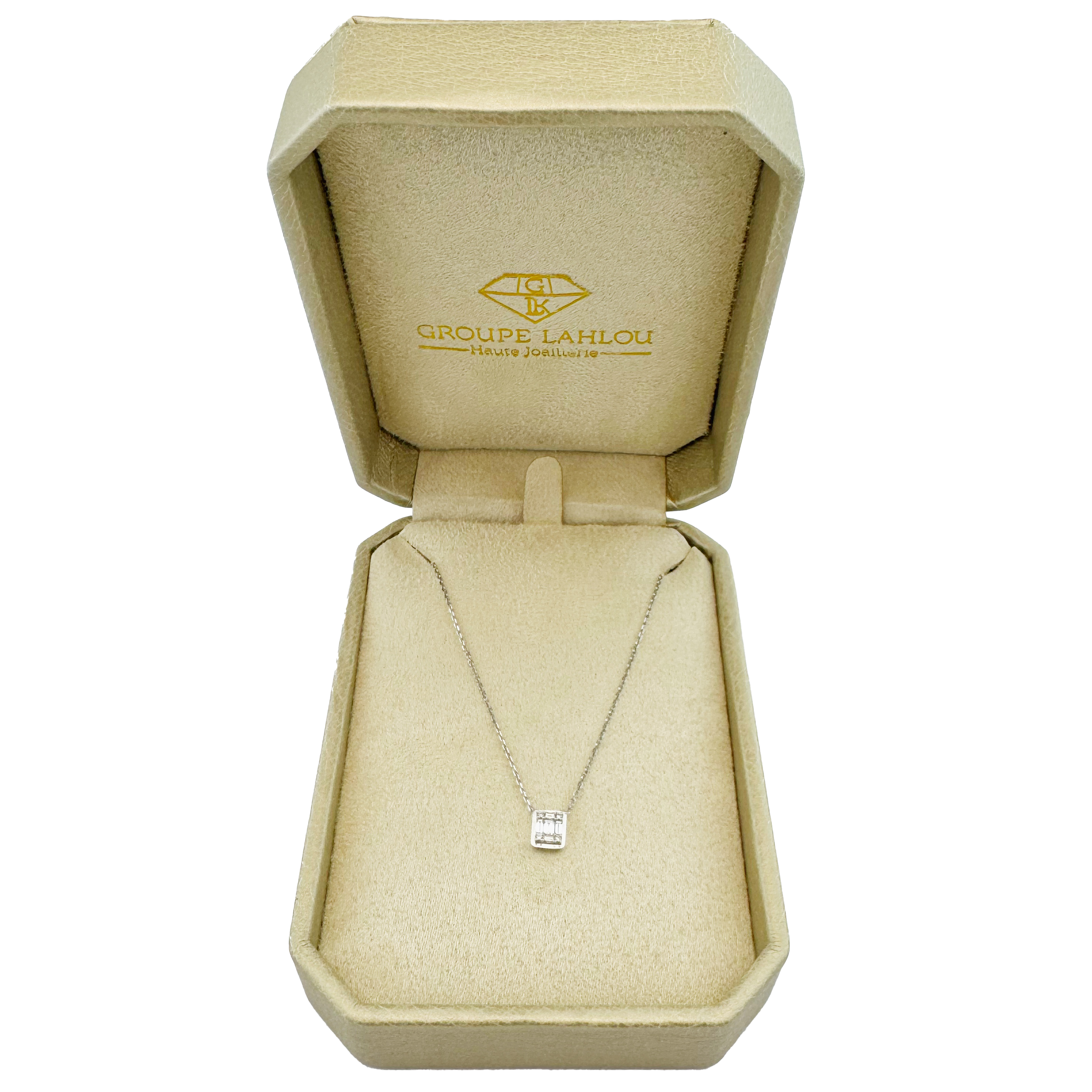 Collier Or Blanc 18K & Diamants Naturels – Pendentif Rectangulaire, Éclat Pur et Moderne.
