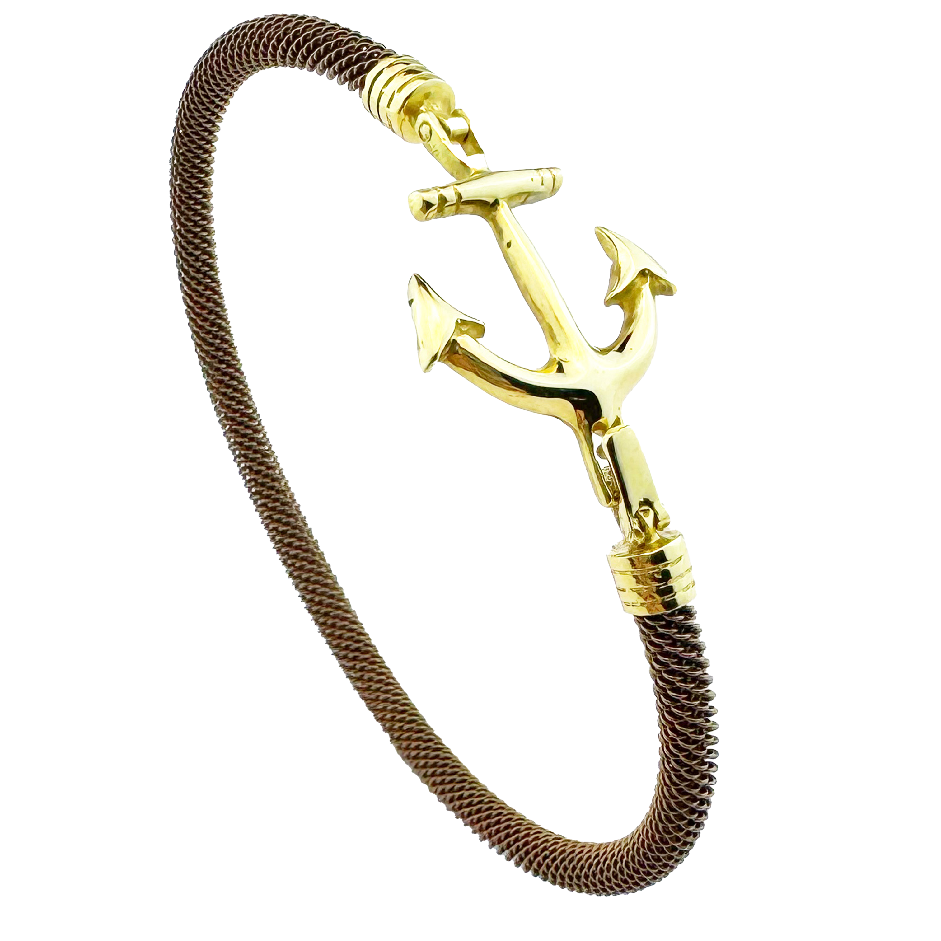 Bracelet Homme Câble en Acier Tressé Brun - Ancre en Or Jaune 18K