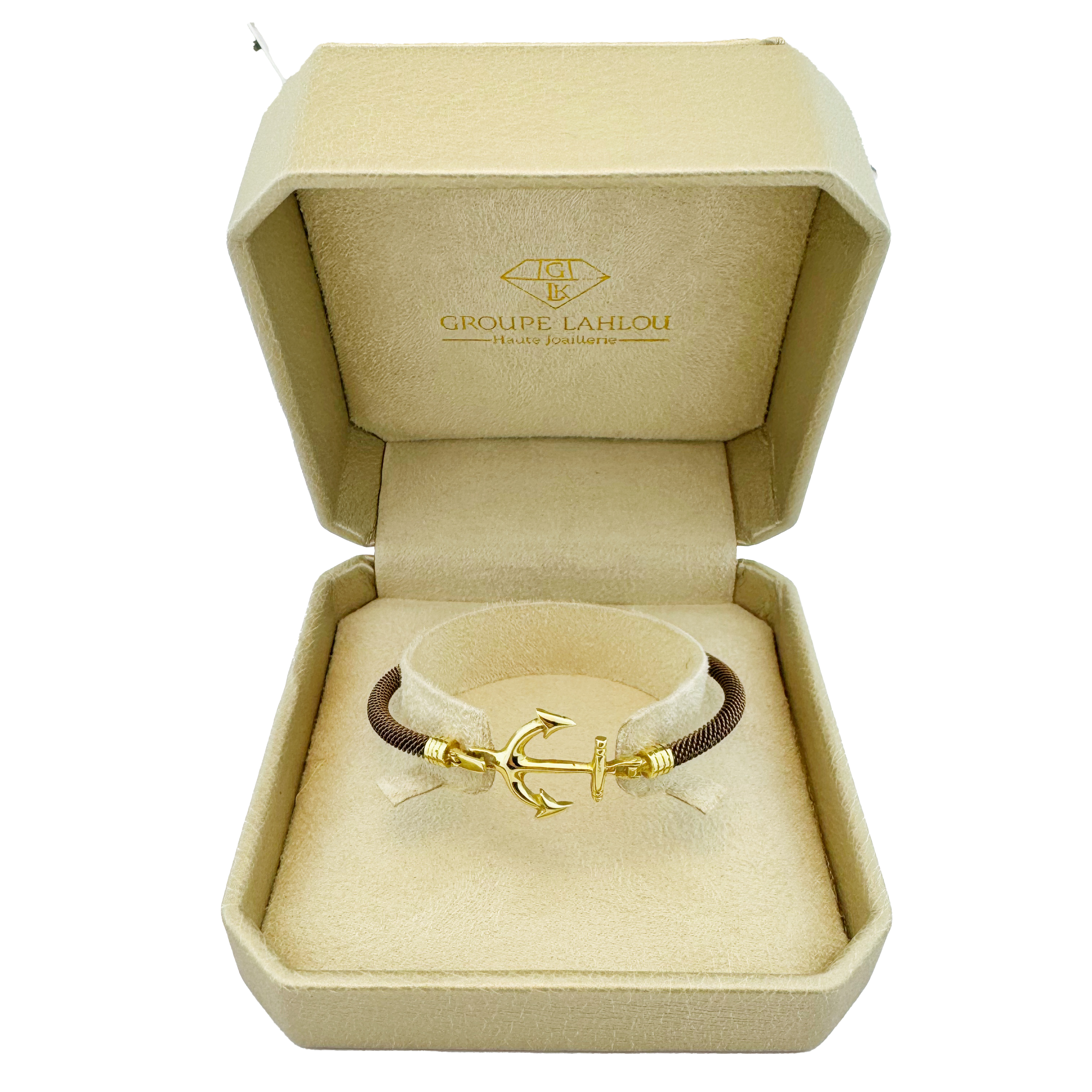 Bracelet Homme Câble en Acier Tressé Brun - Ancre en Or Jaune 18K thumbnail 3