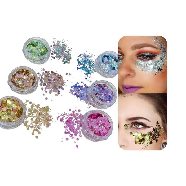 Pack de 6 Couleurs Paillettes Corps, Yeux et Ongles