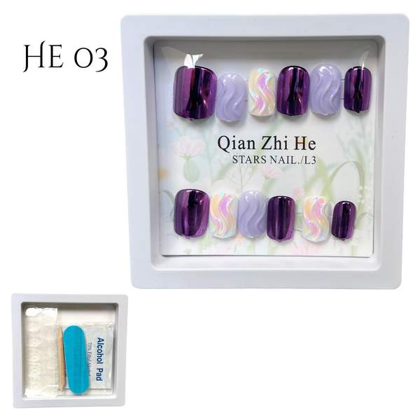 12 Pièces Faux Ongles + Ruban Adhésif Double Face He 03