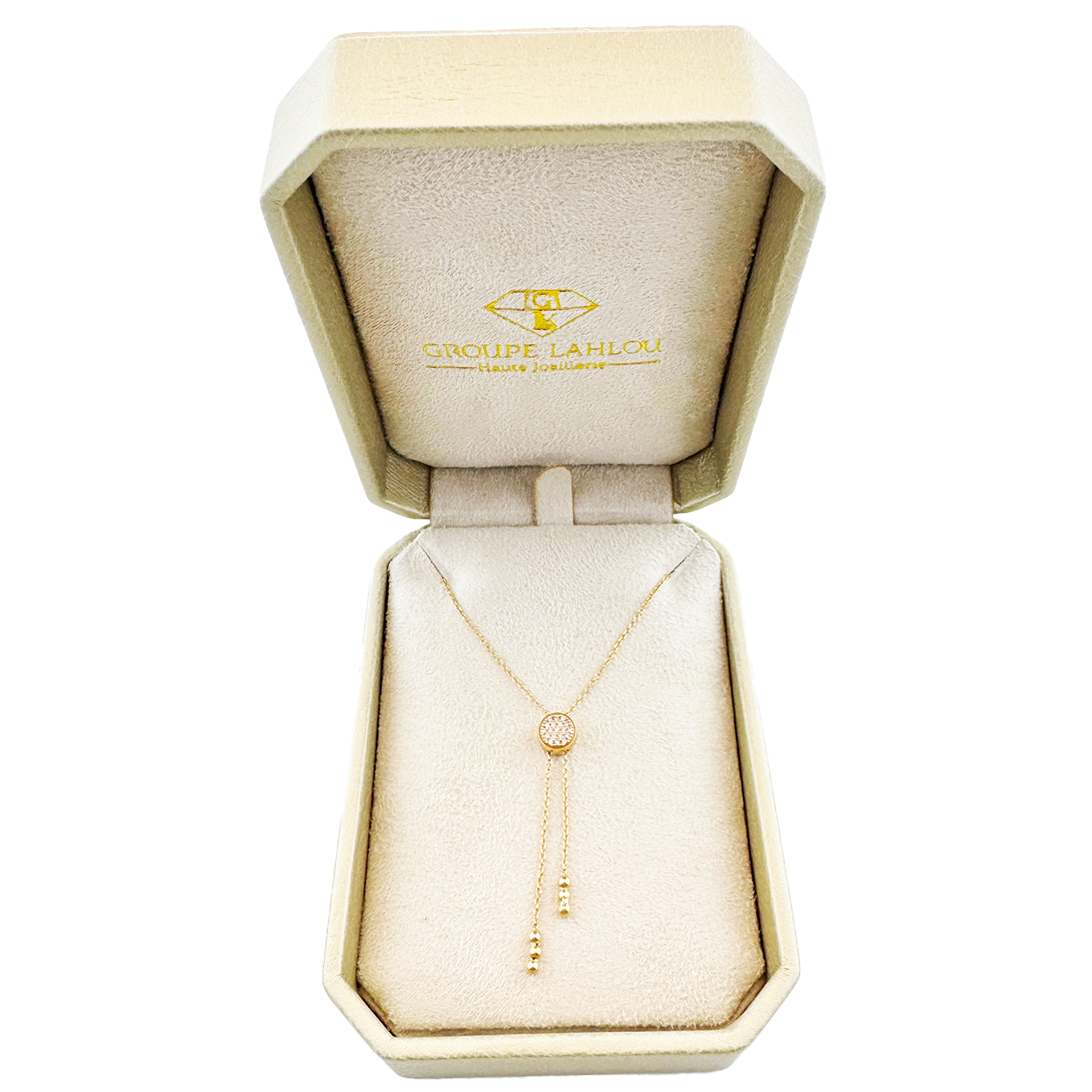 Collier Or Rose 18K & Diamilites – Pendentif Rond Pavé, Chaînes Pendues, Élégance Moderne.