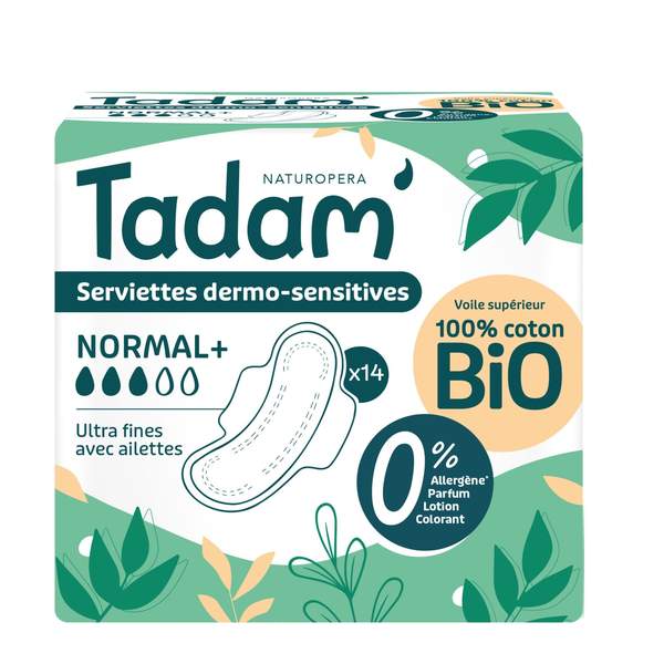 Tadam 14 Serviettes Dermo Sensitive Normal Coton Bio Ultra Fine Av Ailette