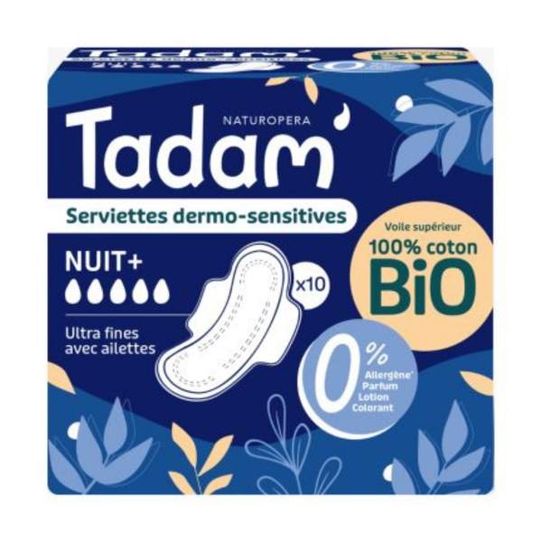 10 Serviettes Dermo Sensitives Nuit Coton Bio Ultra Fine avec Ailette