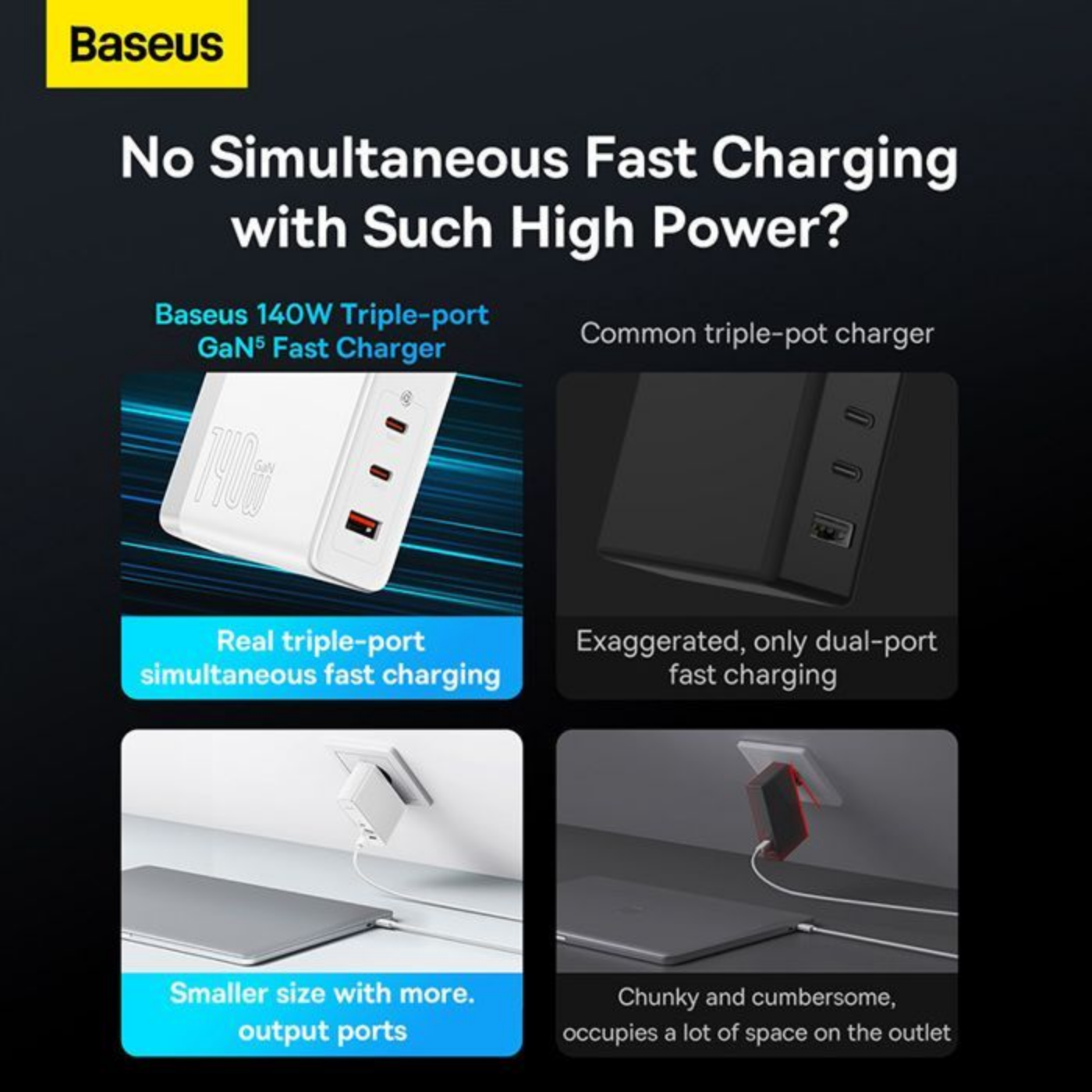 Chargeur Rapide Baseus Gan 5 Pro, 2c+u, 140w, Version Européenne thumbnail 3