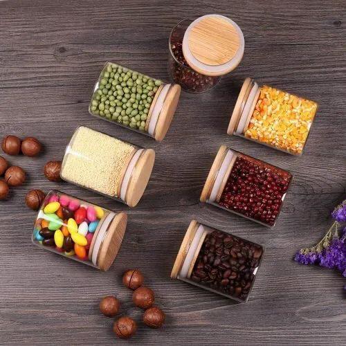 Set de 4 bocaux à épices avec une cuillère en bois moderne en verre avec couvercles en bambou hermétiques thumbnail 2