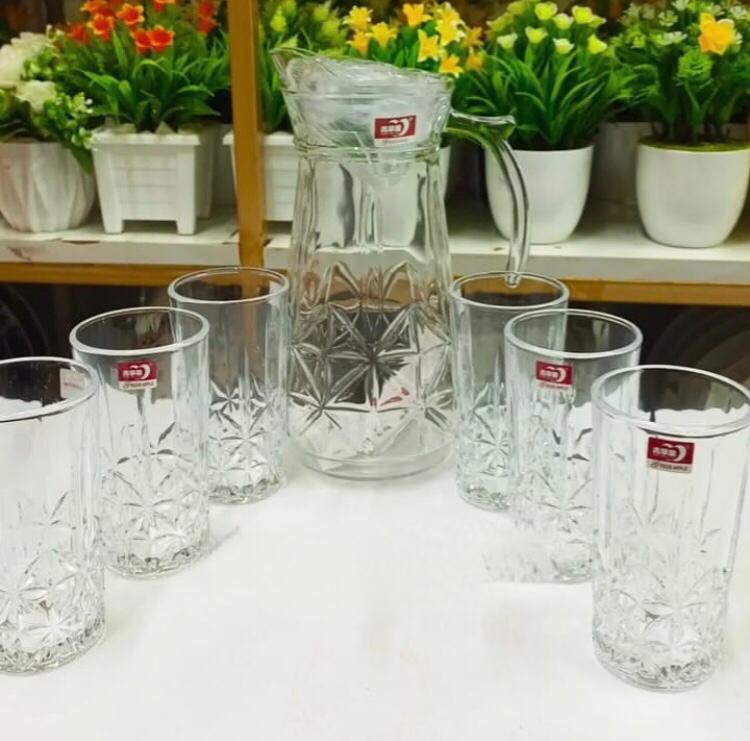 Ensemble de 7 pièces- Carafe et 6 verre a eau Transparent