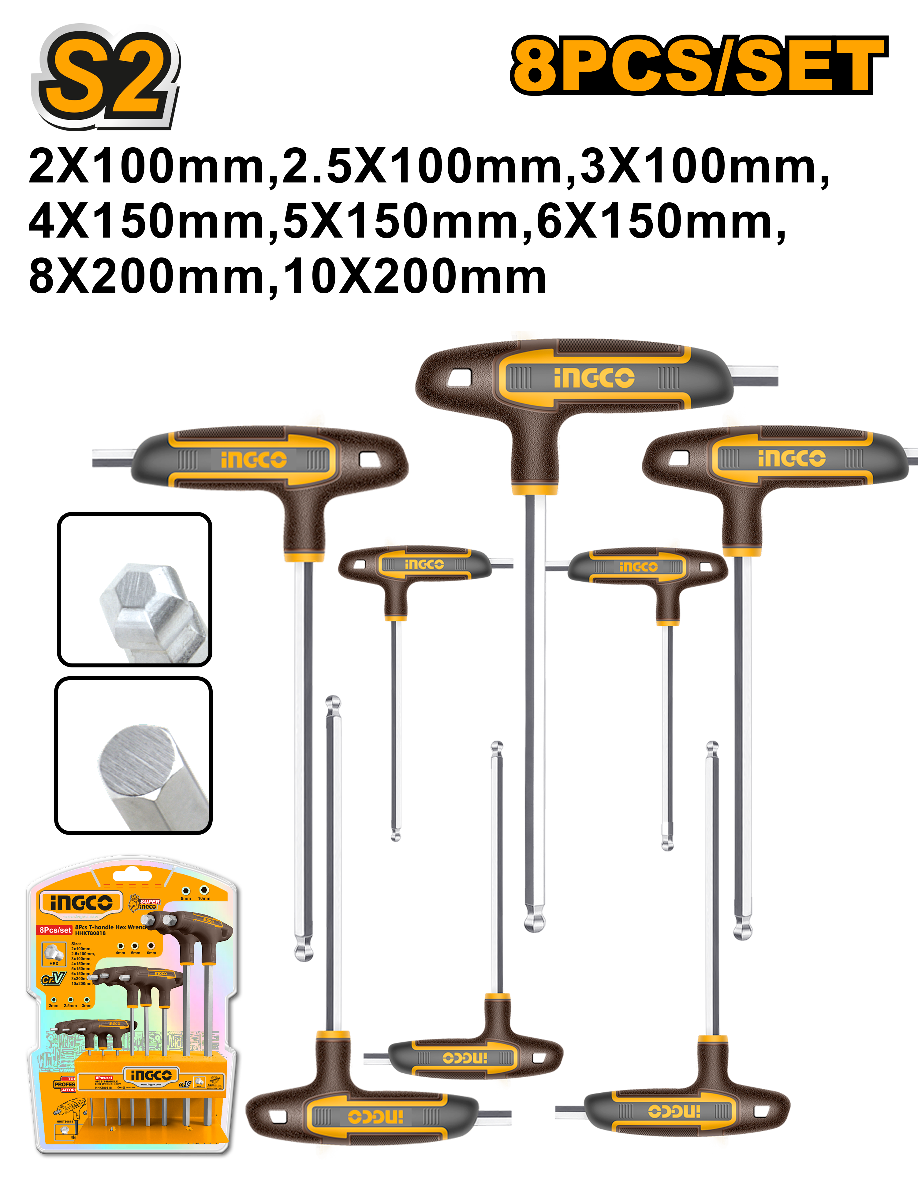 Jeu de 8 clés hexagonales à pointe sphérique T