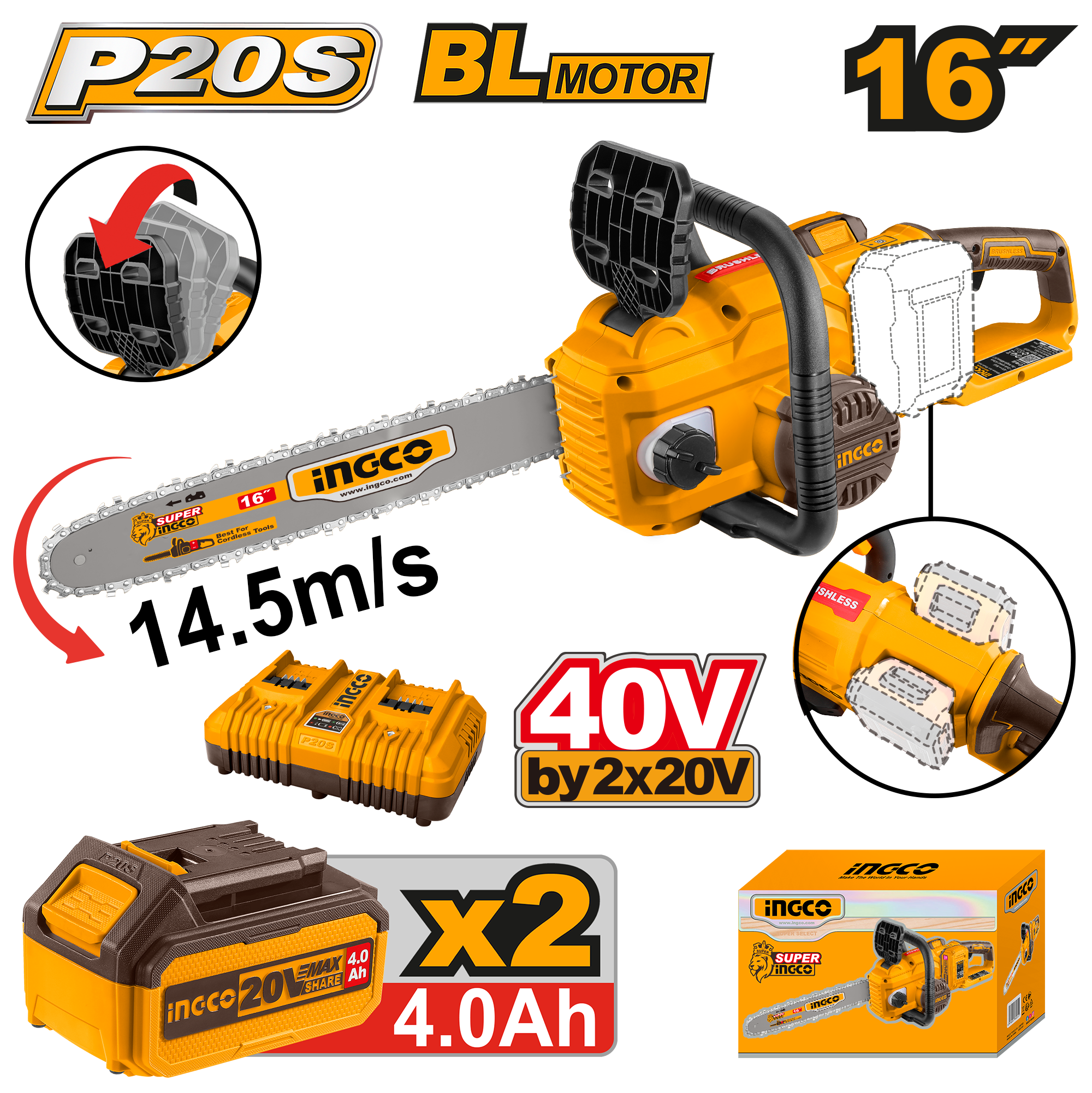 Tronçonneuse à chaîne 20V 2BAT 4Ah 16 400mm