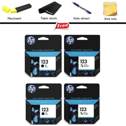 Pack 2 Cartouches 123 Noir + 2 Cartouches 123 Couleur ( Tapis + stylo + post-it + Stick note ) Offerte