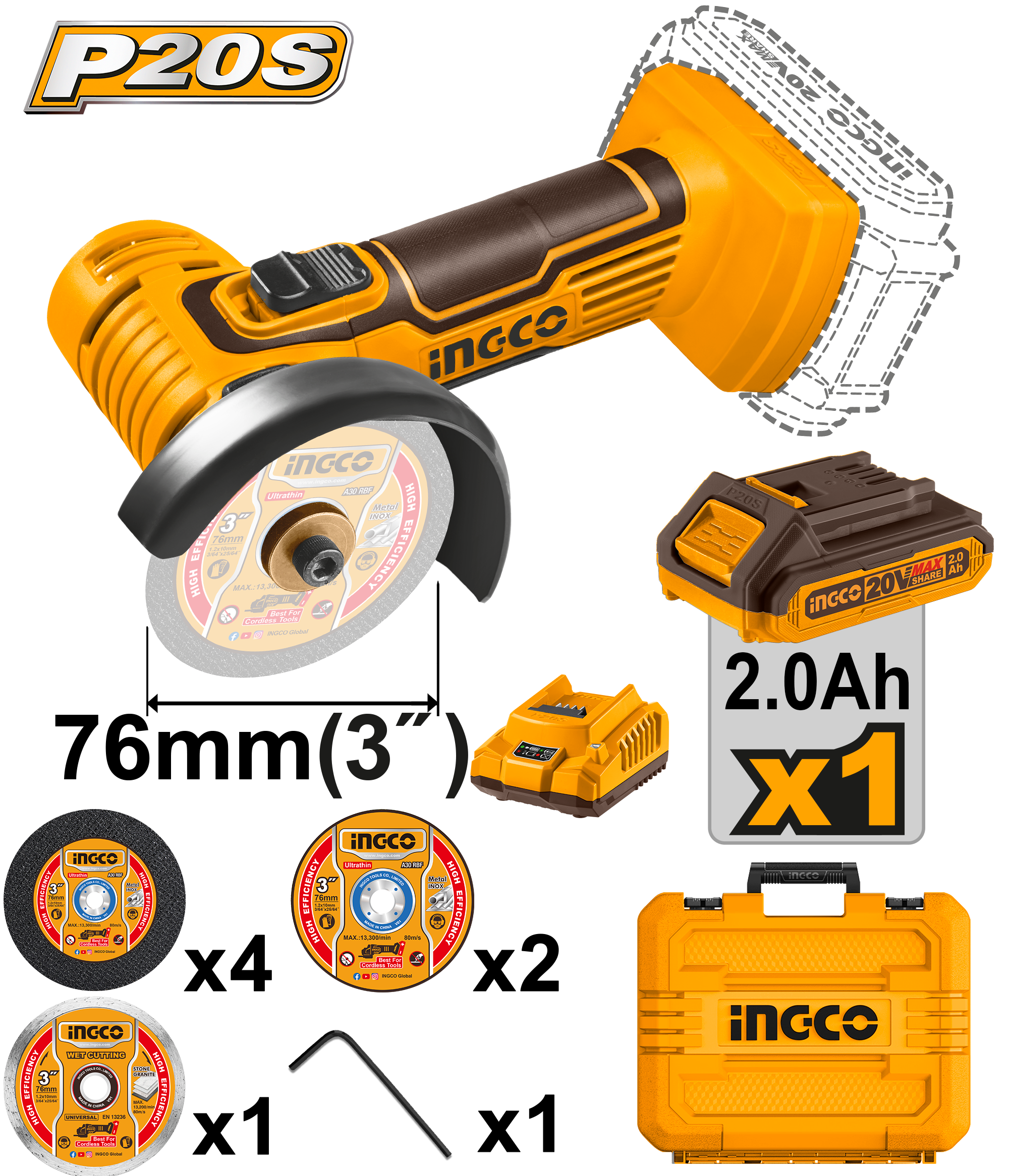 Malette Meuleuse 76mm 20V 1Batt 7discs