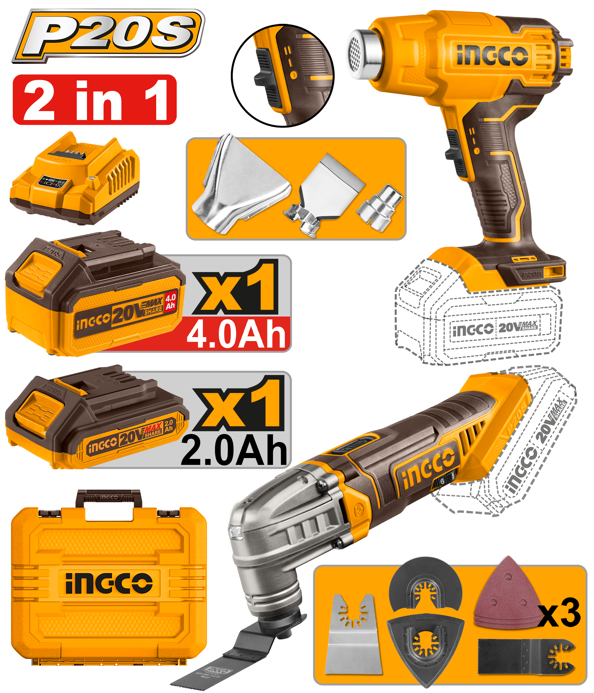Pack Outil multifonctions/Décapeur thermique20V/2Batteries