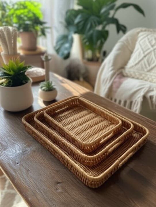 3 Plateaux De Service En Rotin