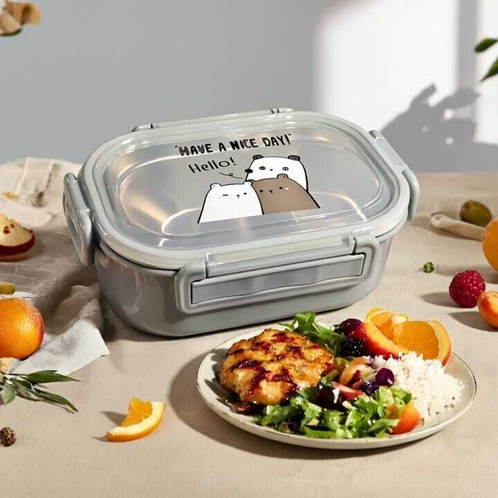 Lunch box  à deux compartiments on inox avec cuillère – Idéal école & travail