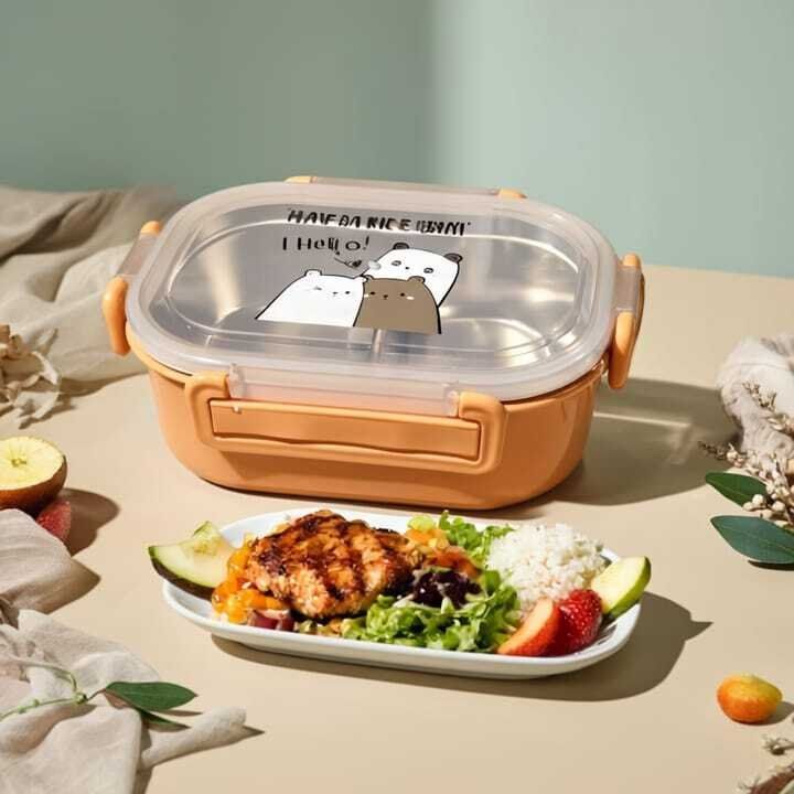 Lunch box  à deux compartiments on inox avec cuillère – Idéal école & travail