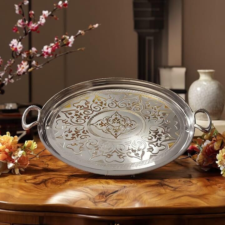 Set 3 Plateaux Argentés avec Anses à Servir ou Présentation en Inox Très Haute Qualité-Gm 65cm/40cm Mm 55/34cm Pm 47cm/29cm