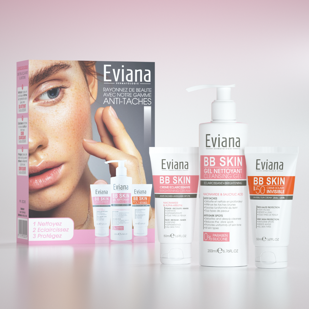 Pack Soin Visage Éclaircissant avec Gel Nettoyant, Crème et Écran Invisible