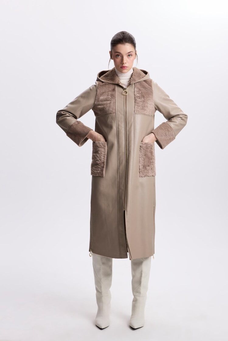 Manteau Cachette À Col Double Boutonnage Détail Fourrure