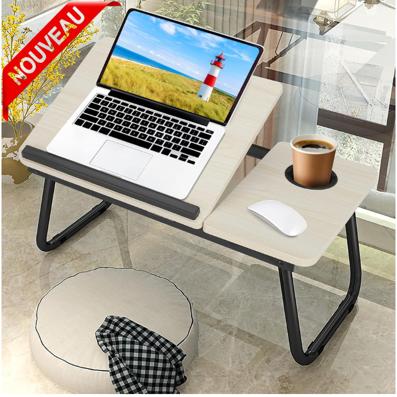 Bureau Portable Pliant en Métal Réglable avec Support pour Tasse et Inclinaison Multi-niveaux thumbnail 1