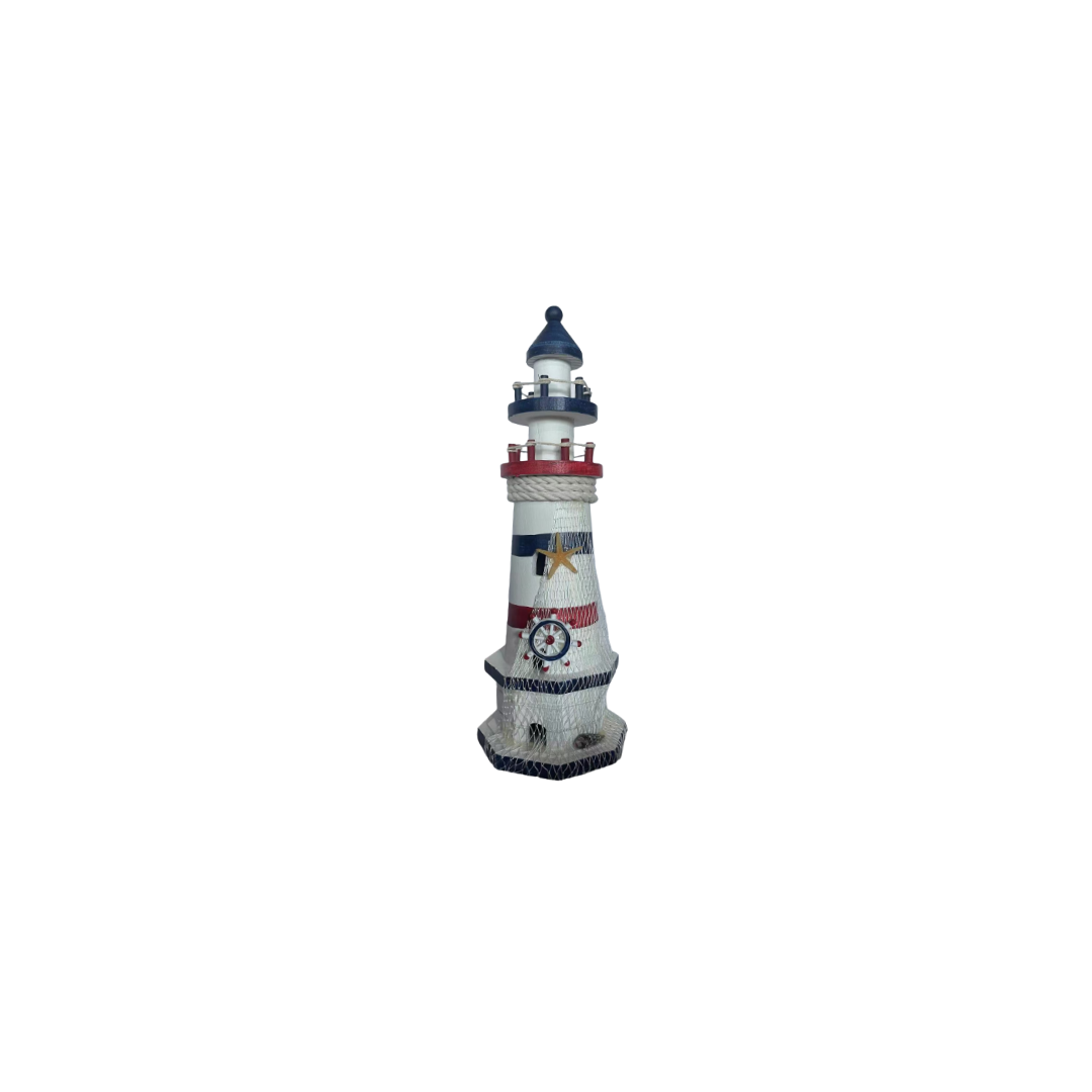 Phare Décoratif en Bois – Rouge et Bleu Marine 11 x 9,5 x 30 cm