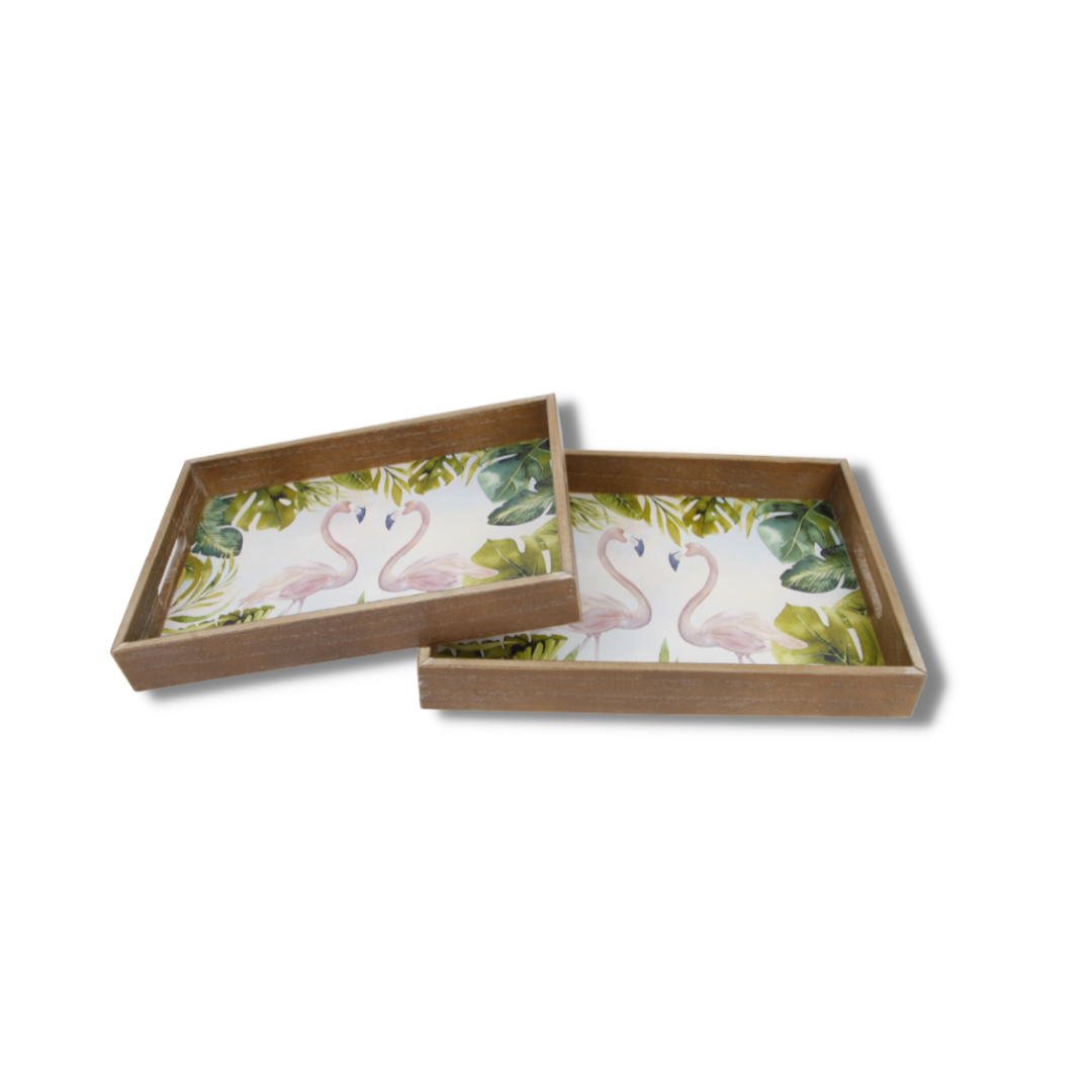 SET 2 PLATEAUX  EN BOIS  FLAMANT ROSE 40X30X.5/37X27X4 CM