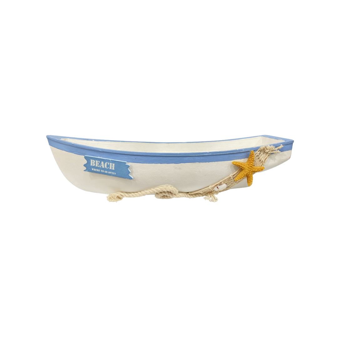 MINI BATEAU  DE PECHE   BLANC DECORATIF AVEC  MOTID ETOILE JAUNE36X11X
