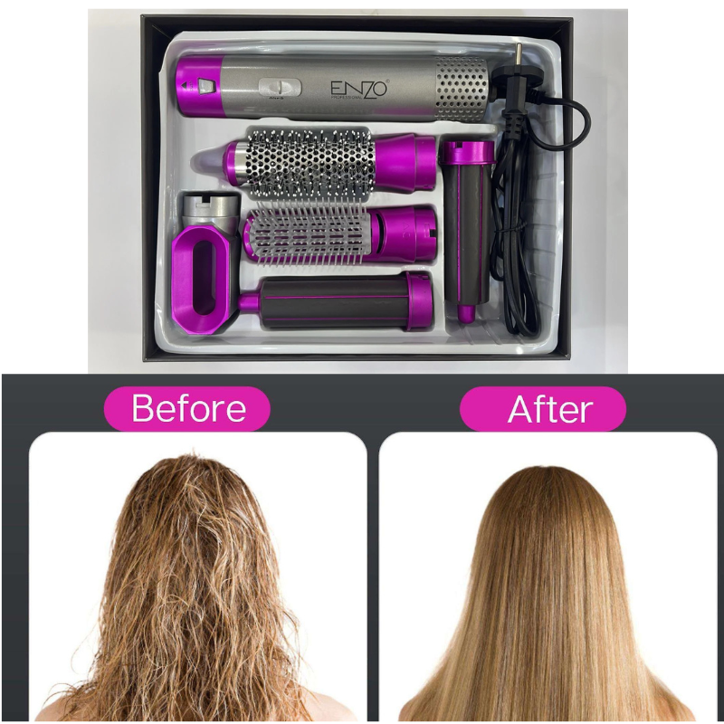 Brosse Sèche-cheveux professionnel  à air chaud rotatif Coiffante 5 en 1 – Sèche, Lisse, Boucle et Masse EN-6206