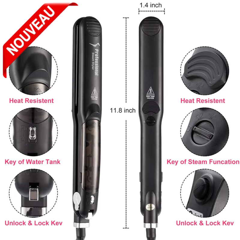 Lisseur à vapeur - Healthy And Silky - Professionnel - Hydratant - Céramique - Réglages de température thumbnail 3