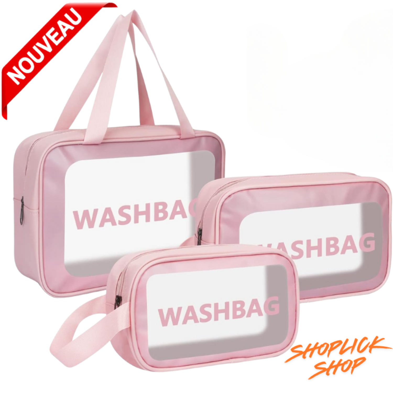 Trousse de maquillage de voyage  imperméable en PVC Unisex pour femmes et les hommes 3 Pieces (Rose)