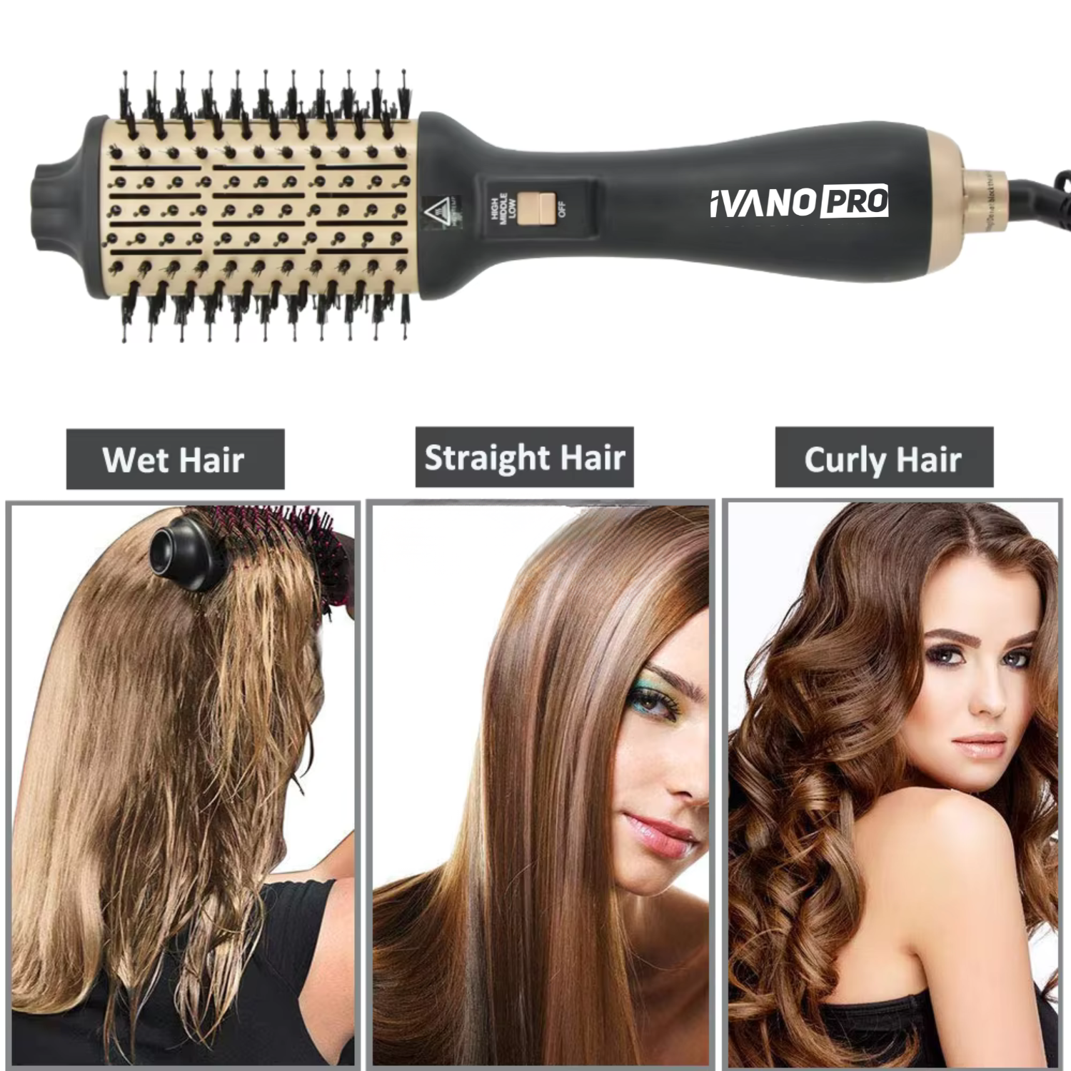 Brosse soufflante Sèche-Cheveux 4 en 1 Salon Lisseur Cheveux Bigoudi  Volumisante 1800W IVO-032