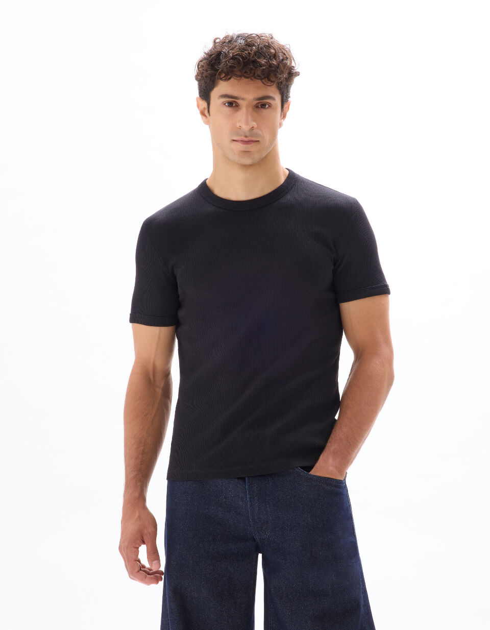 T-shirt Slim Col Rond Coton Stretch Côtelé