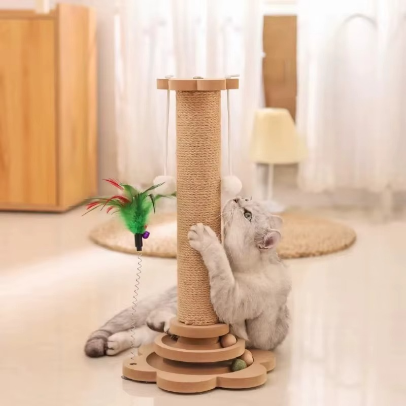 Jouet pour chat en bois avec griffoir en sisal et plateau tournant