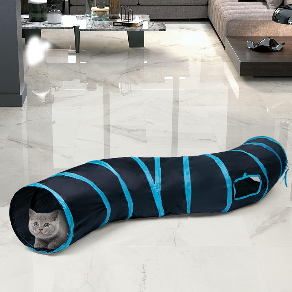 Tunnel interactif en forme de S pour chat avec jouet à balle suspendue