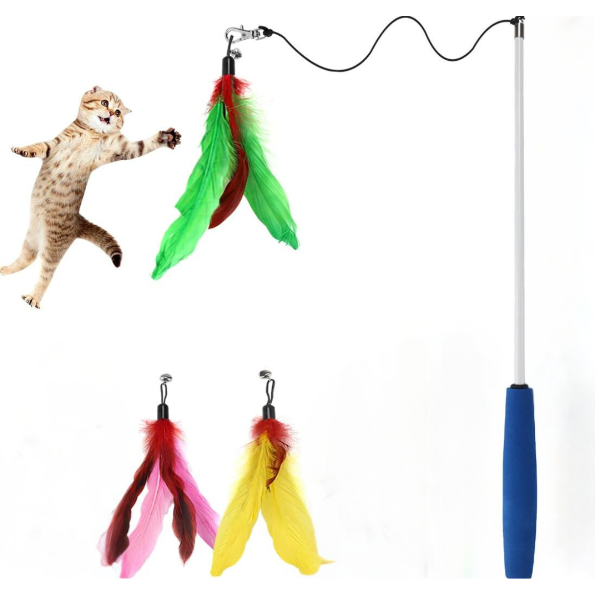 Jouet interactif pour chat avec tige télescopique et 3 plumes