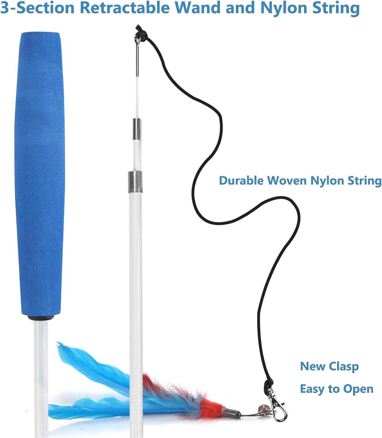 Jouet interactif pour chat avec tige télescopique et 3 plumes