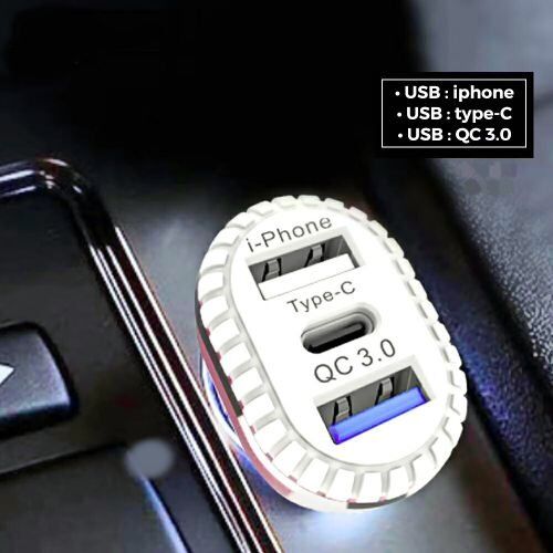 Chargeur de Voiture 3 en 1 Double Usb, avec Interface Type thumbnail 3