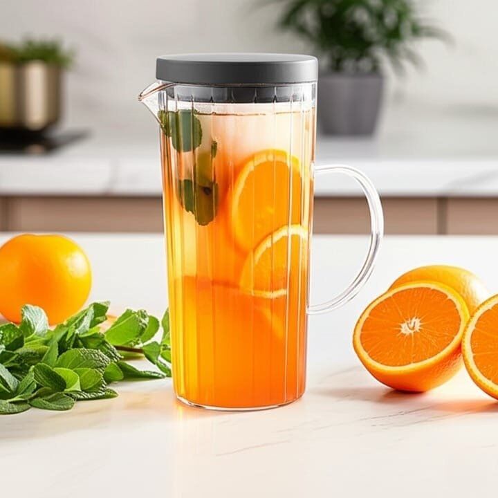 Carafe ou pichet à eau ou jus en verre cannelé avec un couvercle en acier inoxydable,pour eau ou jus.1,2L