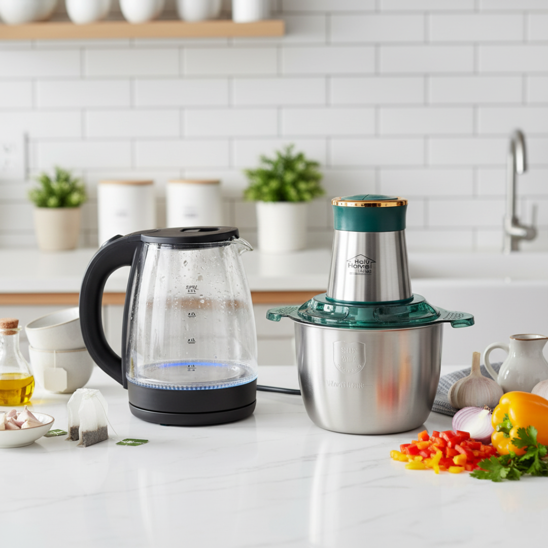 Pack Hachoir 300W Bol Inox 3L + Bouilloire Électrique 2l en Verre Transparent_1500W