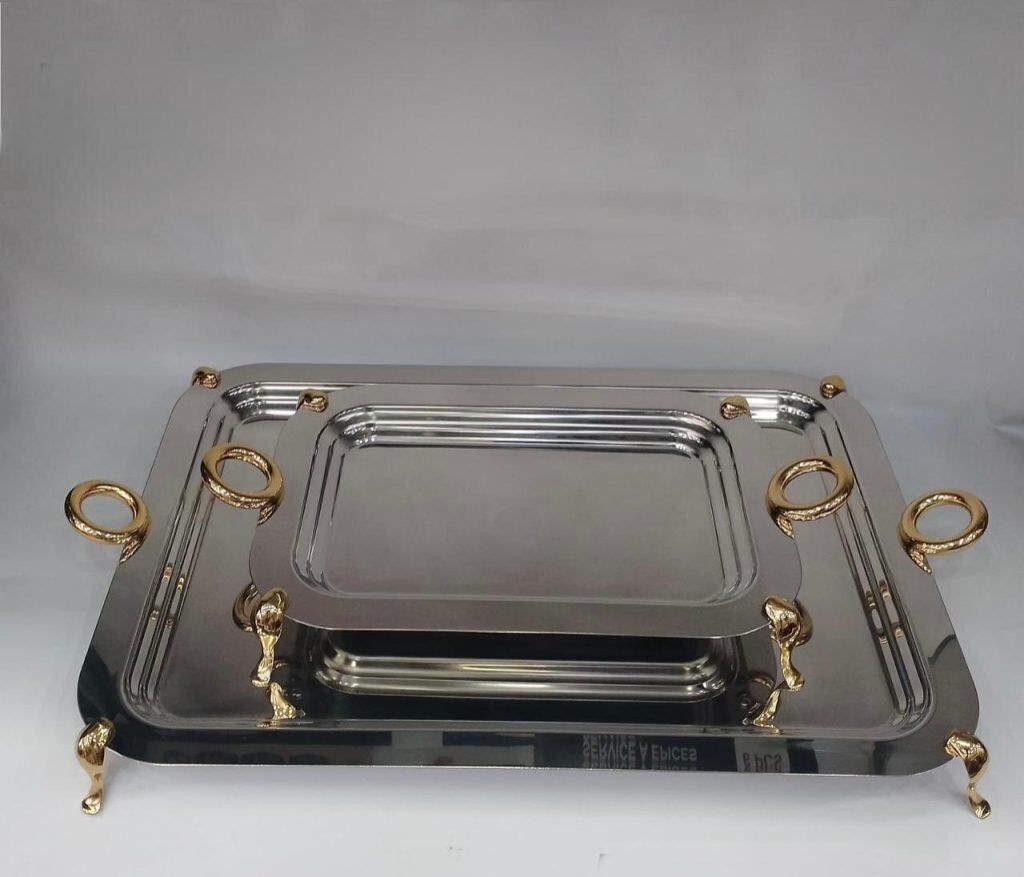 PLATEAU EN INOX SEDEN EN INOX ANSES DORE PM A PIED 18 CARATS COULEUR ARGENTE 30,5/22CM