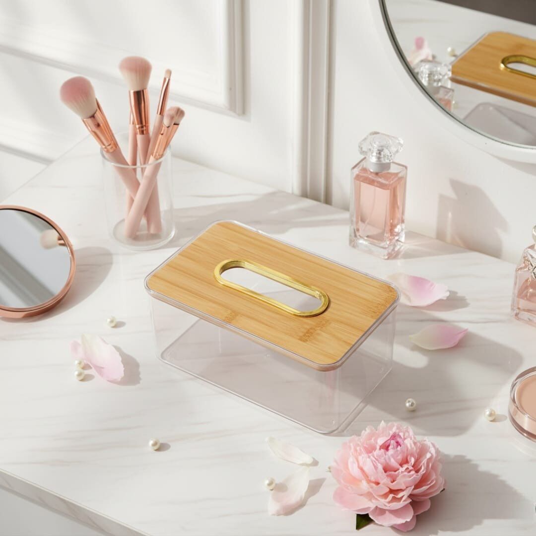 Boîte À Mouchoirs En Plexiglas Avec Couvercle En Bambou Et Ouverture Dorée